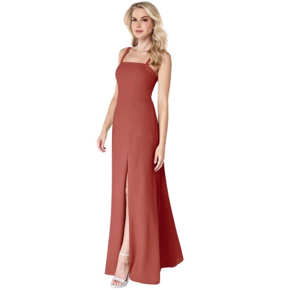 Azazie Dresses & Skirts - AZAZIE JAY Rust Orange A-Line Square Neckline Side Slit Chiffon Dress Size 2